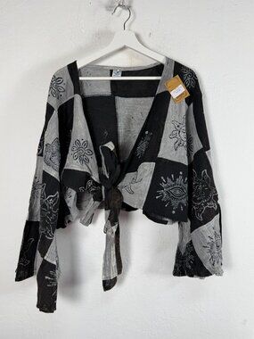 Karma Nepal Craft Womens Plus Size Cotton Patchwork Knot Crop Top Gray Black New
